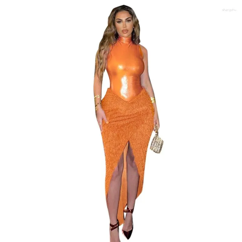 Work Dresses Orange Sexy Faux Feather Skirt Set Two Pieces Women 2023 Autumn Fashion Outfits Sleeveless Bodysuit And High Split Long Skirts