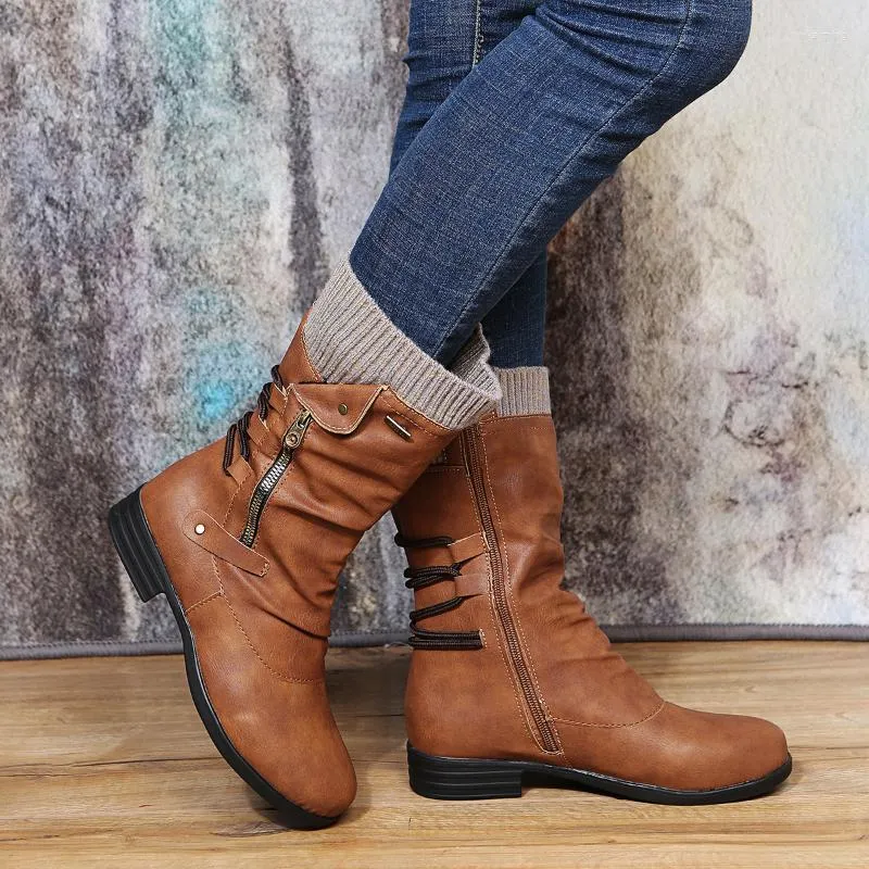 Stivali da donna a metà polpaccio autunno inverno scarpe casual da donna piattaforma moda piatta punta tonda zip solido taglie forti 35-43