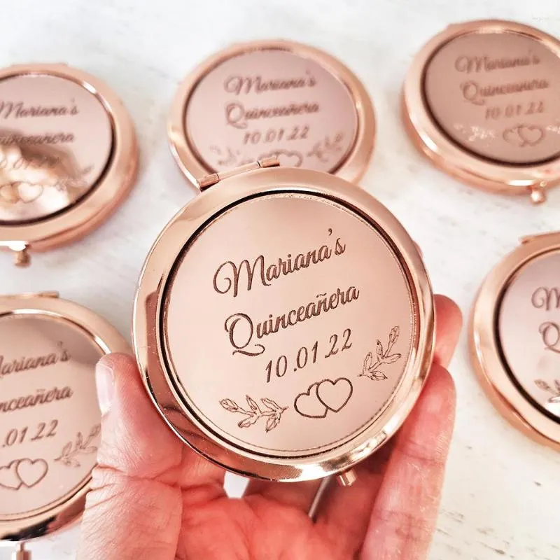 Party Favor Personalized Bride Compact Pocket Mirror Rose Gold Custom Engraved Makeup Wedding Bridal Shower Guests Gift