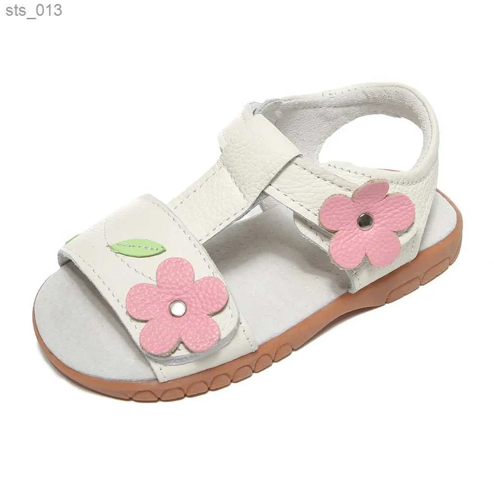 Sandálias femininas de couro genuíno branco rosa floral sapato de verão crianças sapatos infantis sandália de dedo do pé aberto sandália de praia roupas de férias 2019 L230518