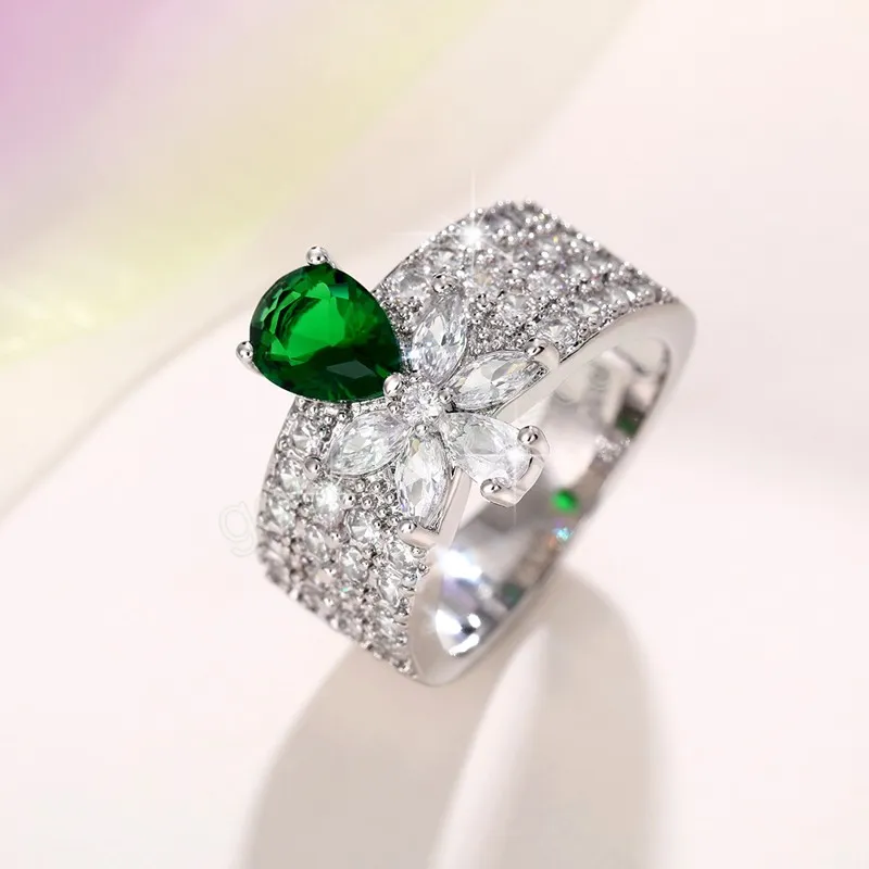 Anel de zircônia cúbica verde vintage temperamento flor doce anéis de dedo para mulheres presente de aniversário de festa lindas joias