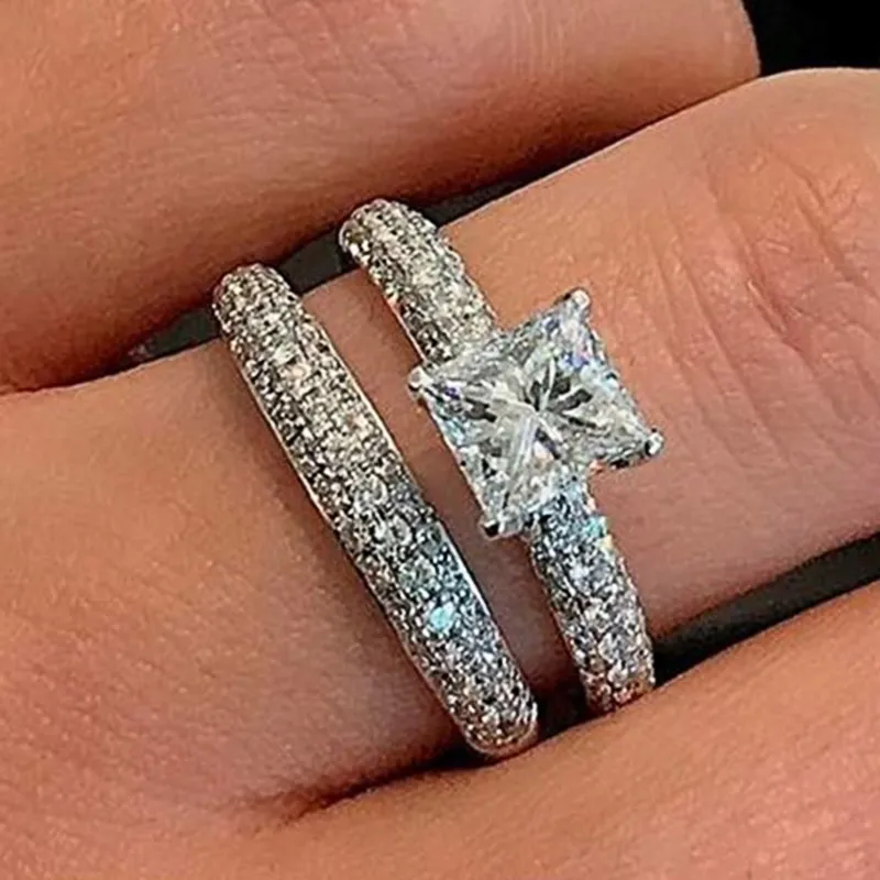 Huitan Eternity Wedding Trend 2Pcs Set Rings for Women Luxury Paved Princess Square Cubic Zirconia Classic Jewelry Wholesale Lot