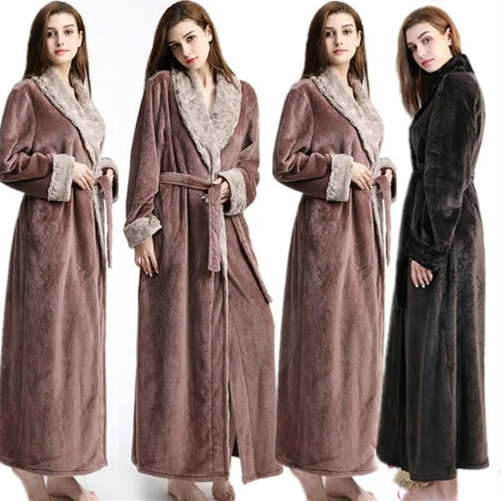 Moda Kadın Uzun Elbise Kış Kalın Sıcak Elbiseler Mercan Polar Pijama el Spa Peluş bornoz Gecelik248A