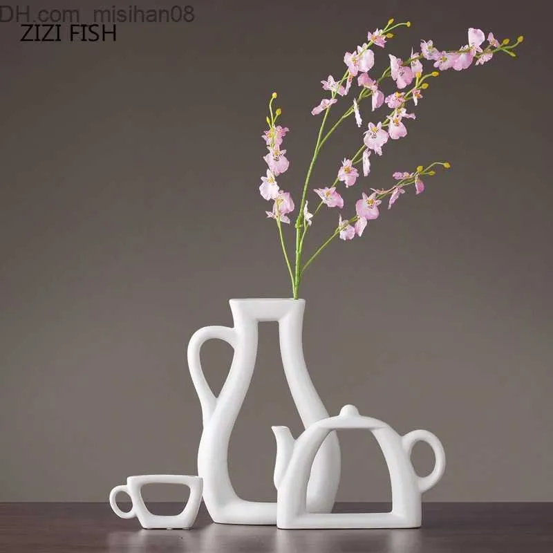 Vases 3pcs/set Nordic simple modern vase decoration creative living room study decoration cabinet ceramic vase flower teapot vase SH190925 Z230630