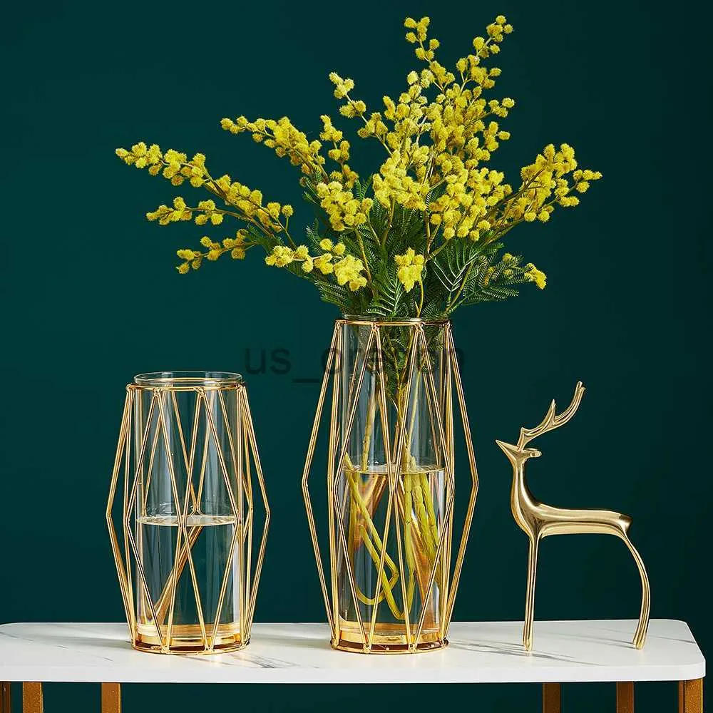 VASES NORDIC GEOMETRY METAL GLASS GOLDEN VIRAS HOMEリビングルーム装飾フラワーテラリウム装飾植木鉢装飾装飾Vase X0630