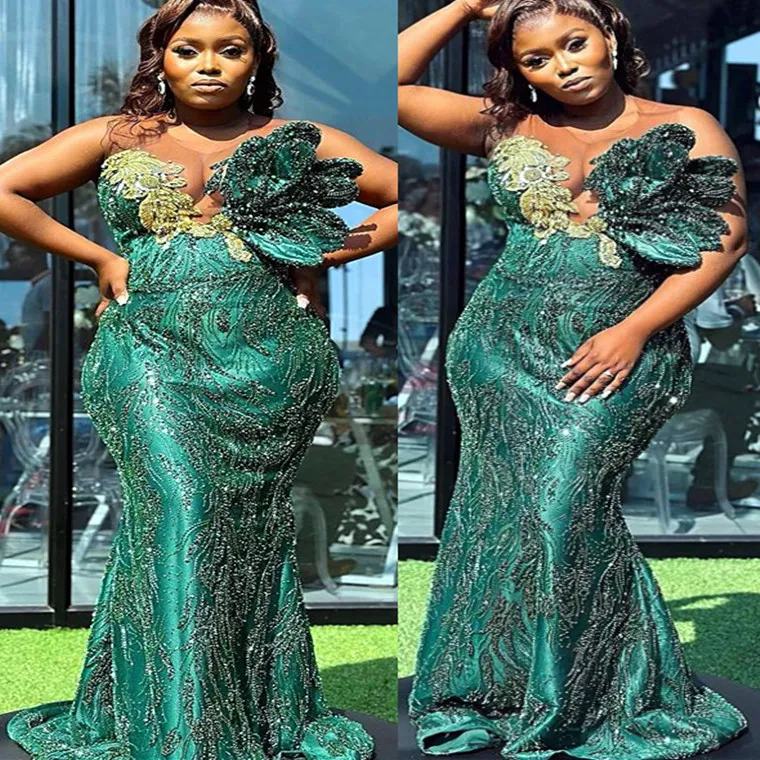 2023 Aso Ebi Vestido de Baile Sereia Verde Escuro Renda Frisado Noite Festa Formal Segunda Recepção Aniversário Dama de Honra Vestidos de Noivado Vestidos Robe De Soiree ZJ677