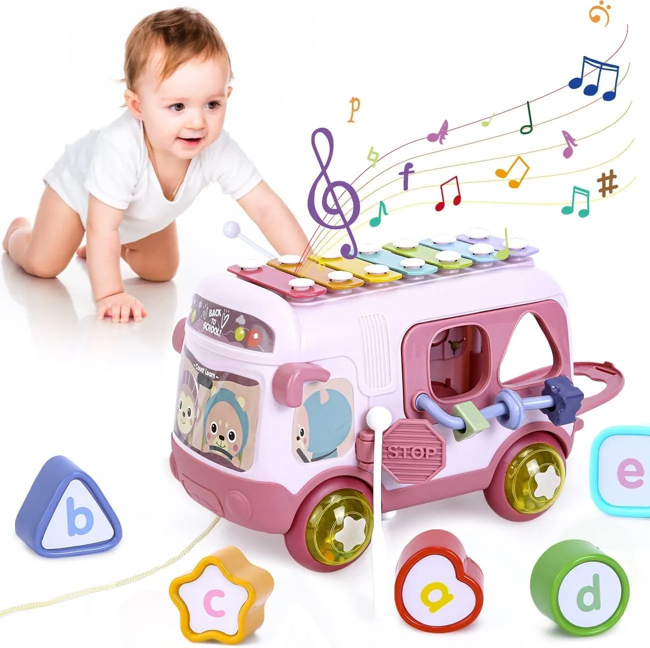 Baby Music Sound Toys Kids Music Xylophone Bus Toys Keyboard Instrument Early Knock Piano Bus Beads Blocks Montessori Educational Baby Kid Musical Toy 230629