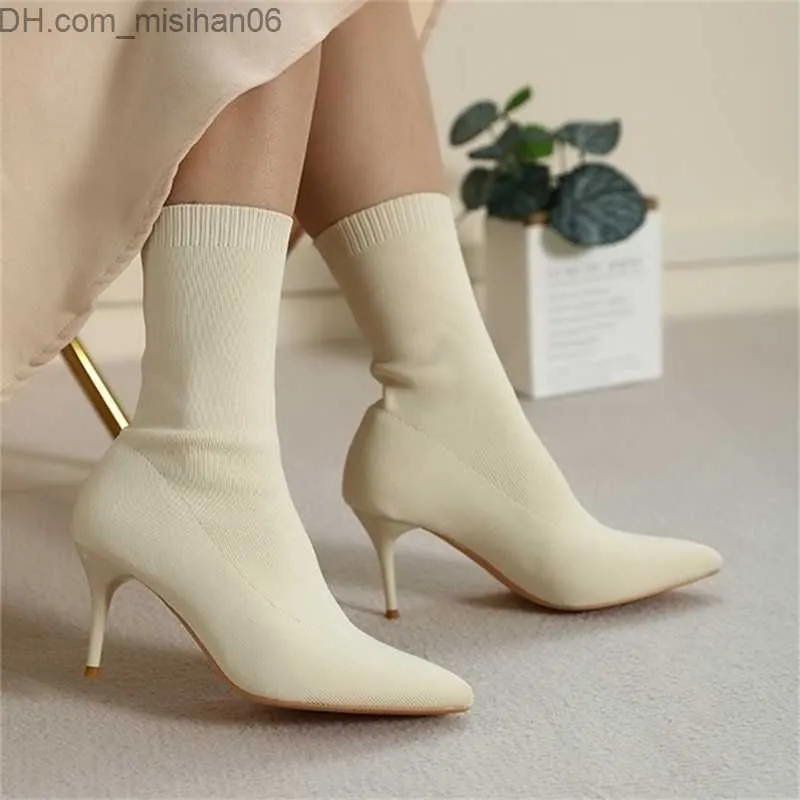 Boots Womens Boots Autumn Winter Stretch Fabric Sock Midcalf Sexy Ladies Thin High Heels Shoes Pointed Toe Female Pumps 220817 Z230630