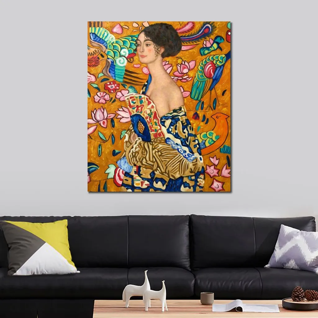 Signora Con Ventaglio Gustav Klimt Pintura a óleo Famosa reprodução de arte em tela feita à mão Romântica decoração de sala de estar