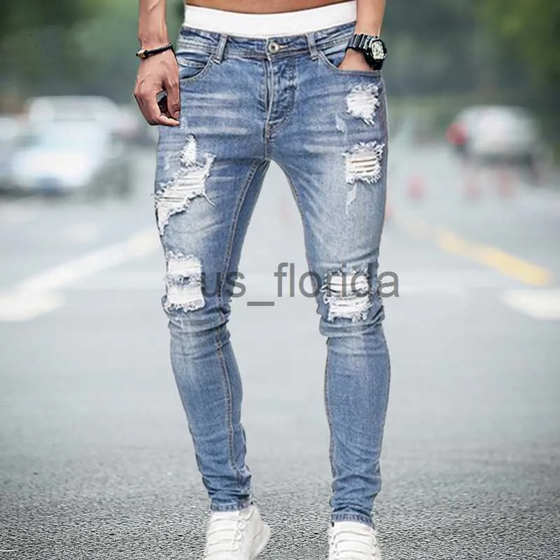 High Quality Mens Stretchy Ripped Skinny Jeans With Biker