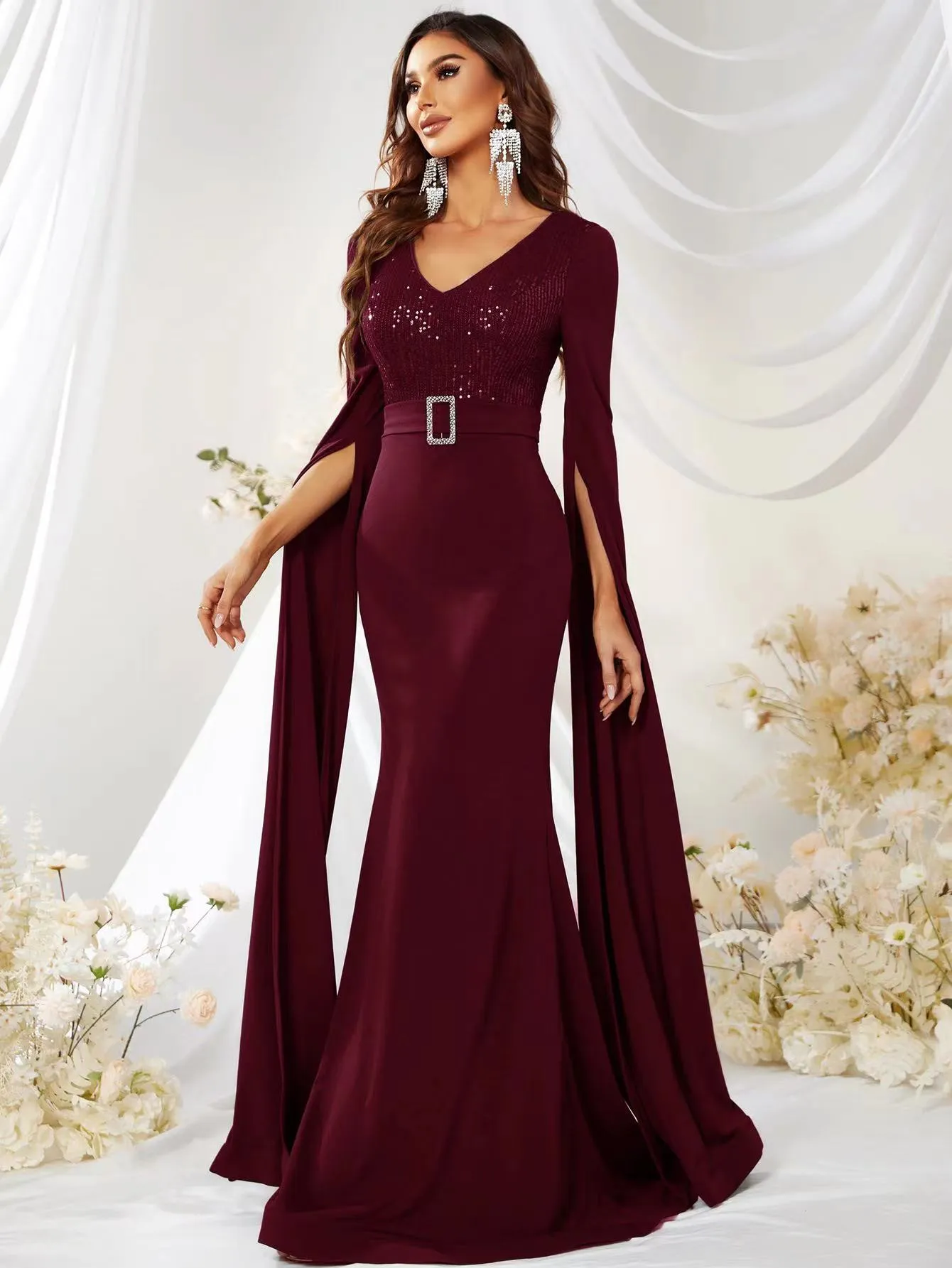 Burgundy Mermaid Prom Dress Arabic Style, Sequin Beaded Evening