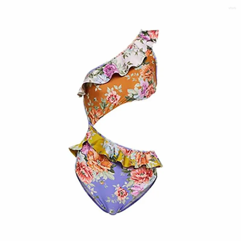 Women's Swimwear Fashion Colorblock Floral Print Ruffle One-Piece Swimsuit Hollow Out Push Up Bikini Set Sexy Backless Drawstring Beachwear