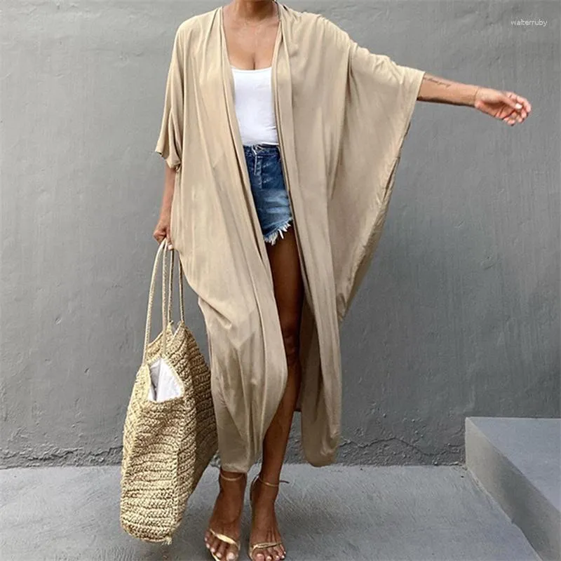 Damen Bademode Strand Cover Up Kimono Frauen Sommer 2023 Pareo Badeanzug Cape Solide Böhmische Tunika Kleider Badeanzüge