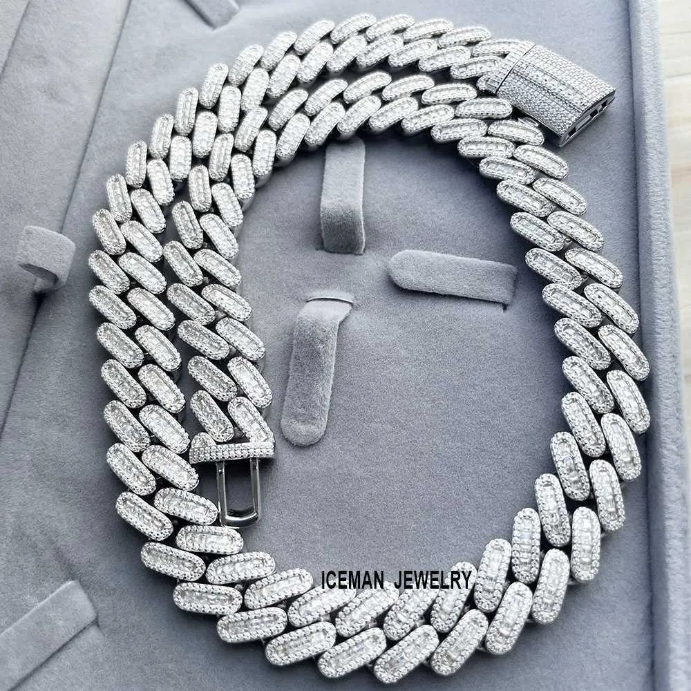Iceman Jewelry Baguette Luxury Designer Bling Brass Bracelets 15mm Gold Prong Baguette Cuban Link Chain White Gold