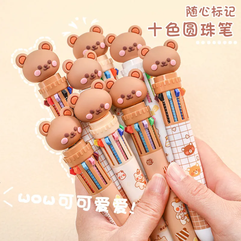 Ballpoint Pens 12 Pc/Lot Cute Bear 10-Color Push Ball Point Cartoon Pen / Student Writing Tool /Children Gift Prize/Creative Stationery 230629