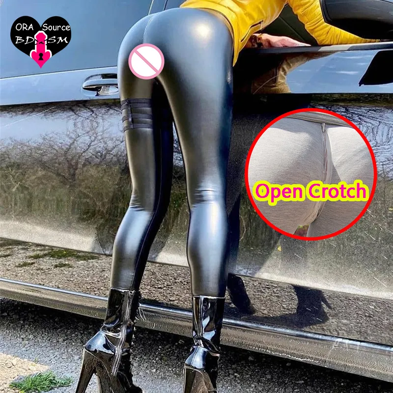 Femme cuir ouvert entrejambe Sexy Leggings sexe en plein air sans entrejambe PU culotte PVC gothique bout à bout culotte sans couture pantalon Latex porter