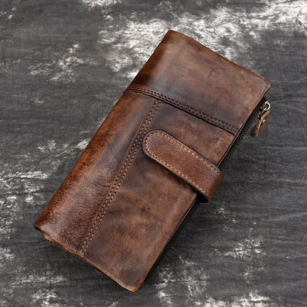 VOLASSS Vintage en cuir véritable hommes portefeuille en cuir de vache longs sacs à main pour homme peau de vache multi-carte épissage moraillon portefeuille Notecase 2022