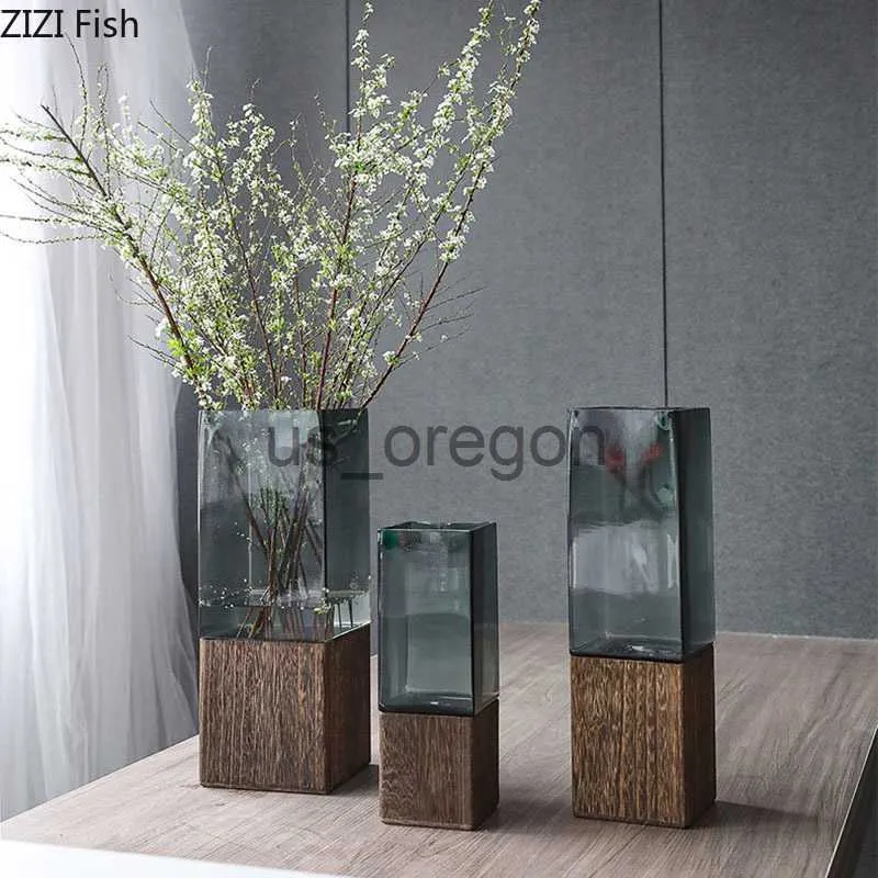 Vaser fyrkantig hydroponisk glas vas trä basblomma krukor skrivbord dekoration konstgjord blommor dekorativt blommor arrangemang gröna vaser x0630
