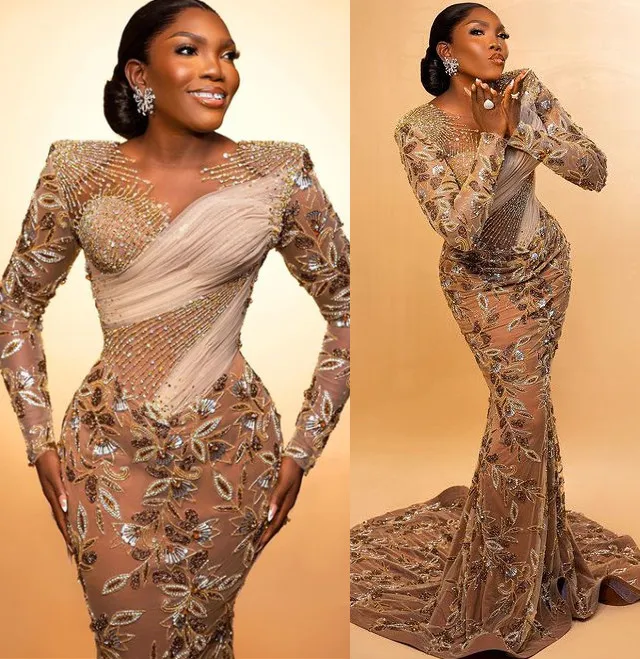 2023 Aso Ebi Gold Mermaid Prom Dress Beaded Sequined Lace Evening Formal Party Second Reception Birthday Bridesmaid Engagement Gowns Dresses Robe De Soiree ZJ681