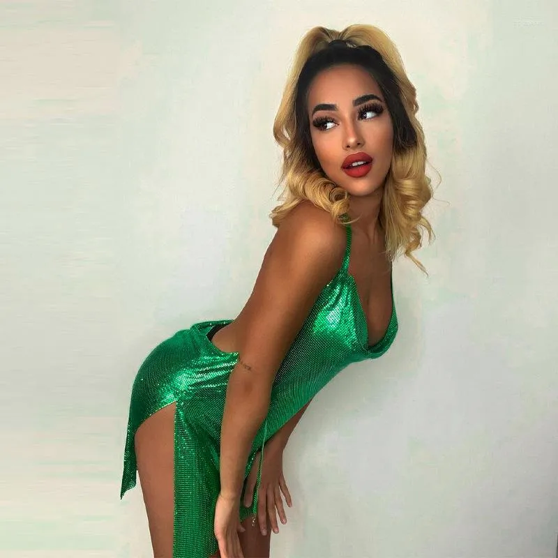 Casual Dresses Glitter Backless Evening Mini Dress Metallic Sparkling Pink Green Silver Female Shiny Bling Night Club 2023