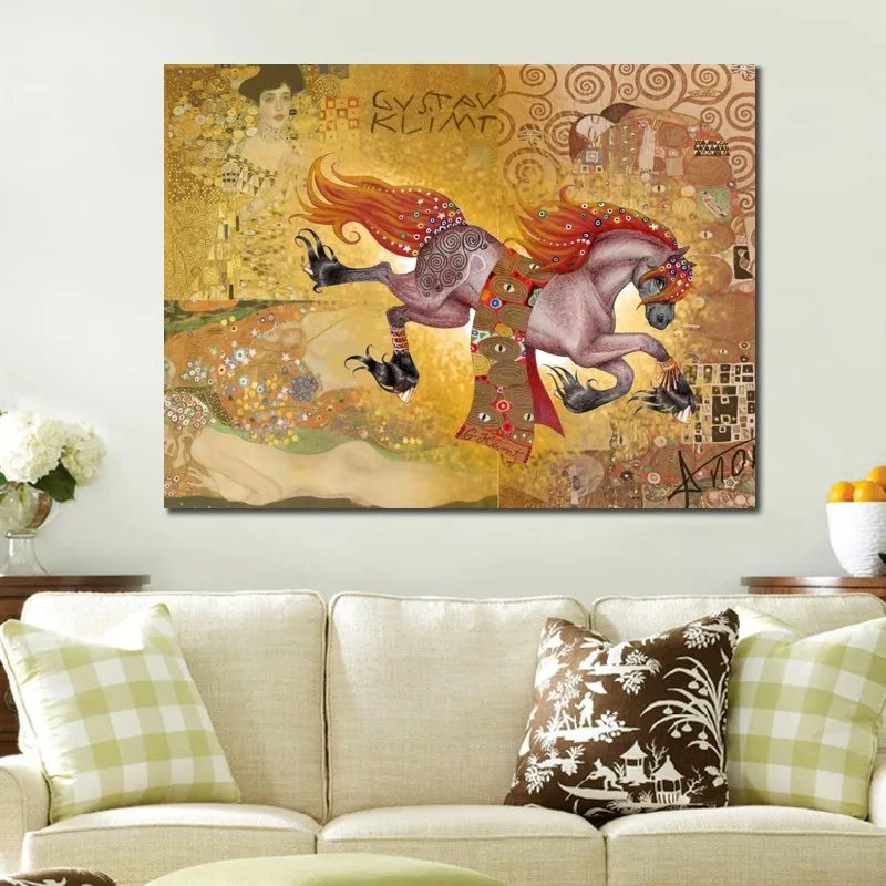 High Quality Gustav Klimt Oil Painting Reproduction Running Horse Handmade Canvas Art Female Modern Bedroom Decor