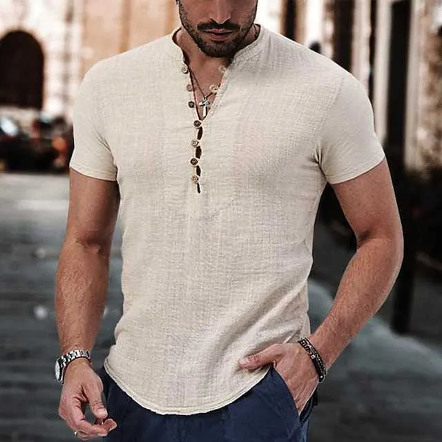 T-shirt Henley Gaufré à Manches Courtes Pour Homme, Coupe Ajustée