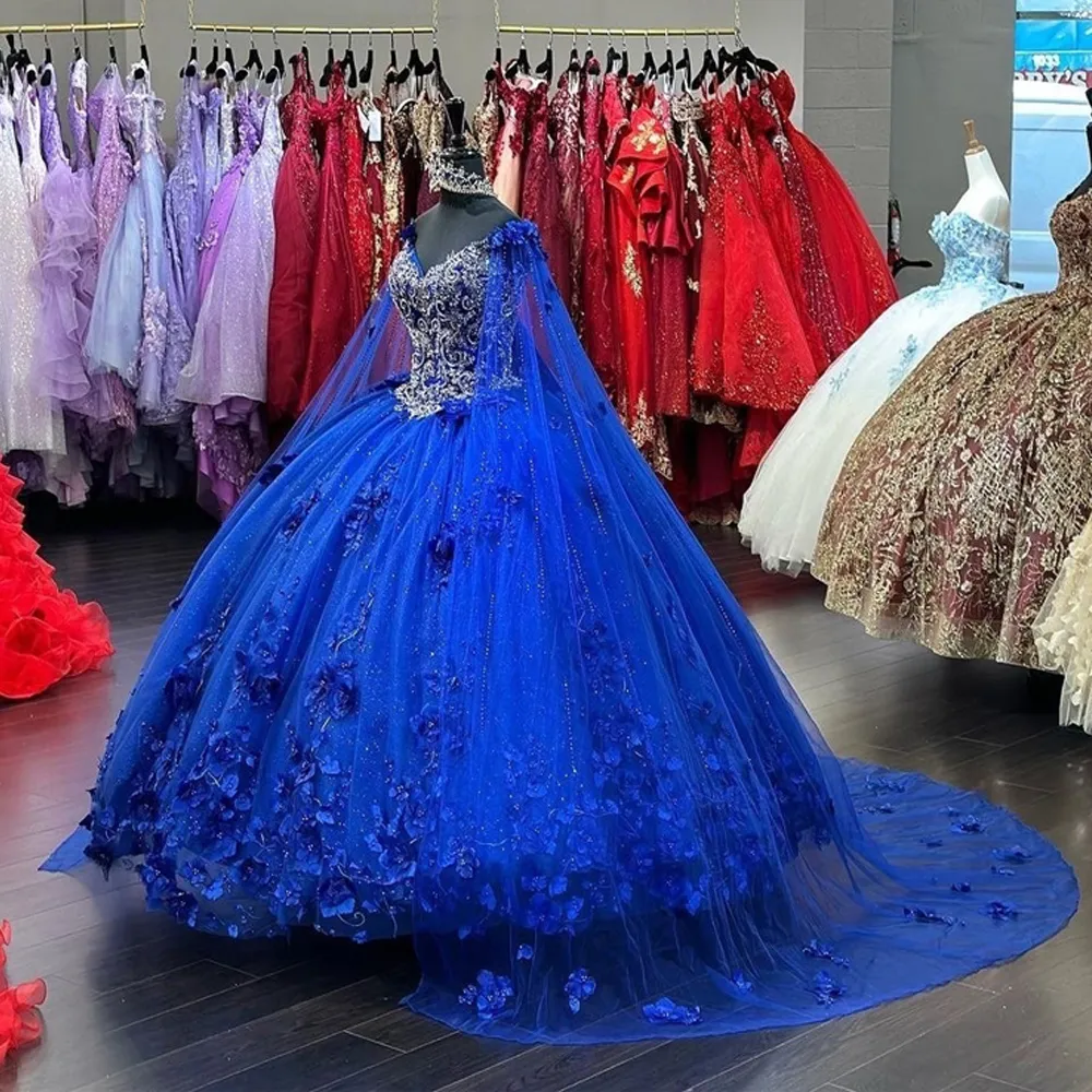 Handmade Flower Quinceanera Dresses with Cape Pearls Sweet 15 Gown Glitter Ball Gown Masquerade 16 Anos