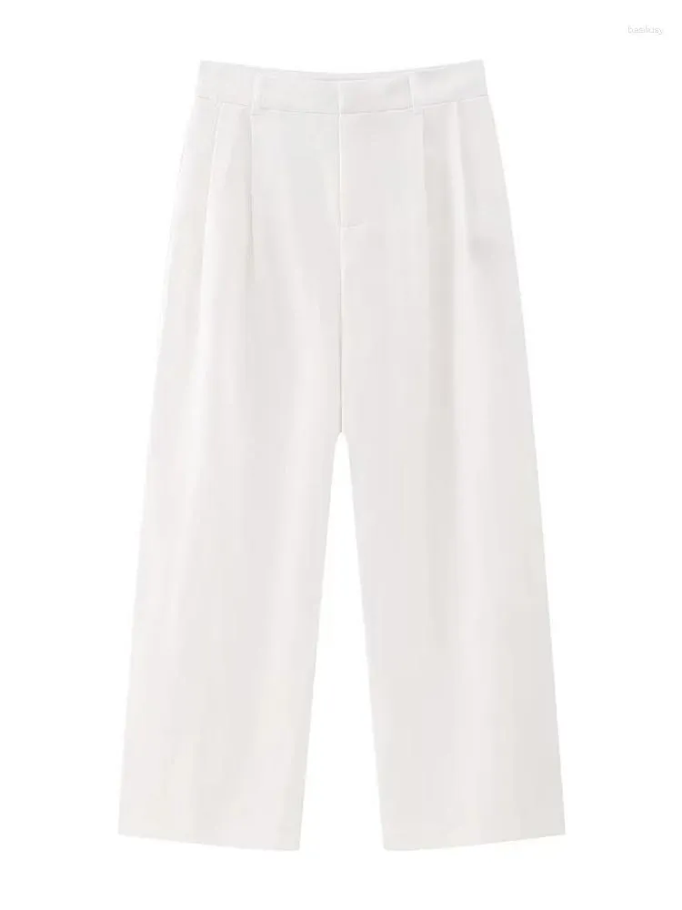Kvinnors byxor Kvinnor 2023 Summer High midja Back dragkedja Fashion White raka långa damer Casual Linen Blending Solid Trousers Suit