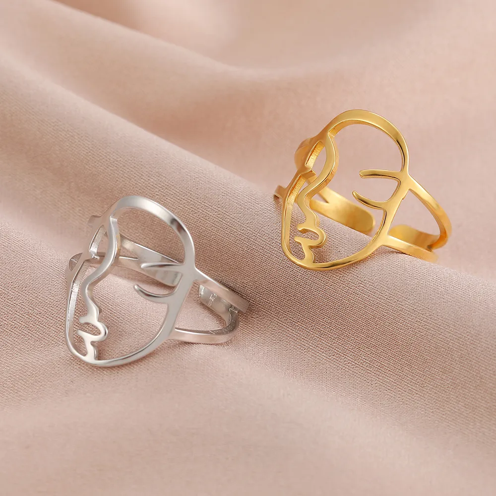 Rostfritt stål ringartist abstrakt ansikte design öppna mode damer par justerbara ringar för kvinnor smycken fest flickor gåvor