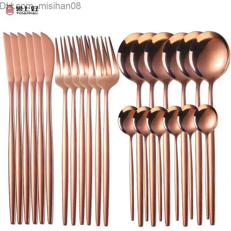 Geschirr-Sets, 24-teiliges Gold-Geschirr-Set, Küchenbesteck, Steakmesser, Gabel, Kaffeelöffel, Geschirr, hochwertiges Edelstahl-Hausbesteck 210804 Z230630