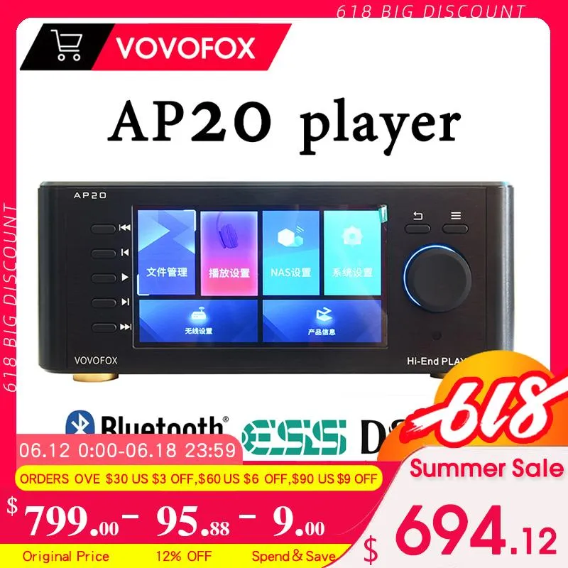 Усилители Vovofox Ap20 Hi-Fi Dsd512 Музыкальный плеер Цифровой проигрыватель Потоковое мультимедиа без потерь Es9038pro Bluetooth 5.0 Поддержка Nas Wi-Fi