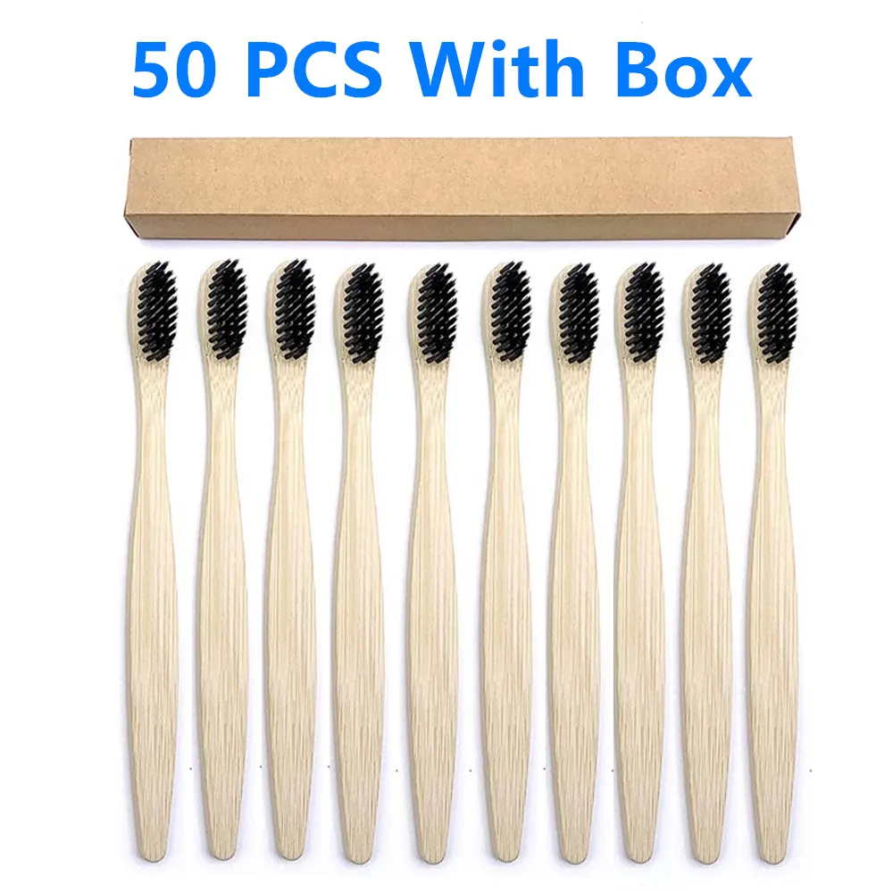 Tandborste 50 Pack Eco Bamboo Tandborste Vuxna Mjuka borst Biologiskt nedbrytbara plastfria tandborstar Lågkol Eco Bamboo Handle Brush 230629