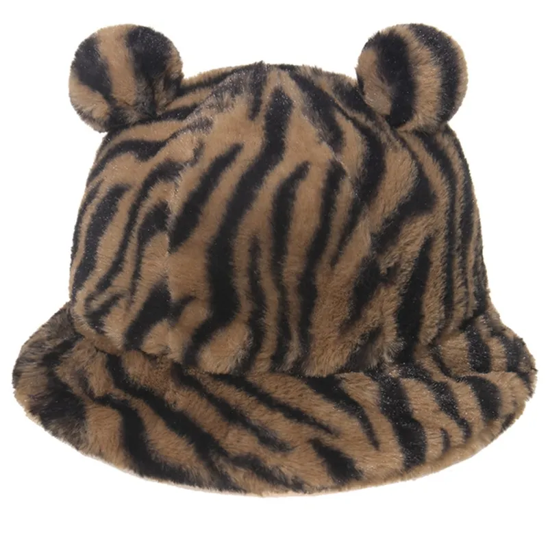 Horoshop damski zimowy pluszowy kapelusz kubełkowy z uszy niedźwiedzie, urocza czapka rybaka upuszcza wysyłka