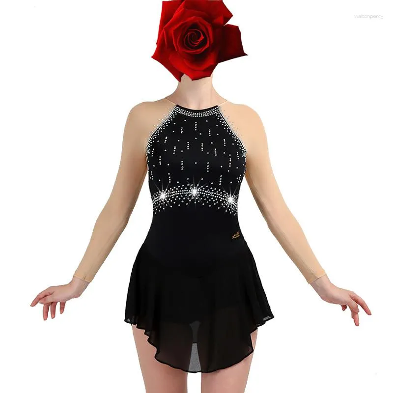 Roupa de palco Patinação Artística Vestido Feminino Menina Gelo Preto Azul Marinho Fantasia de Ginástica Personalizada Strass Vermelho B095