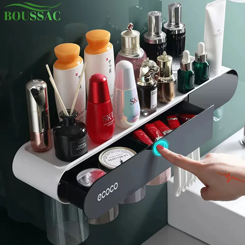 Toothbrush Holders BOUSSAC Wallmounted Toothbrush Holder Automatic Toothpaste Dispenser Squeezer Organizer Storage Rack Bathroom Accessories Set 230629