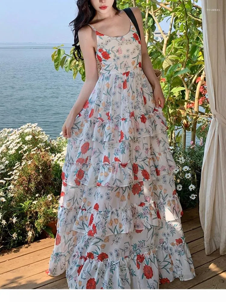 Casual Dresses Summer Floral Dress French Printed Beach Long Ladies Slim Chiffon Ruffles Layer Robe Vestidos