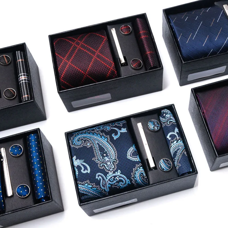 Fermacravatta Cravatta da uomo di qualità di lusso Set regalo Cravatte formali e clip Hanky Gemelli Abiti per uomo Cravatta da sposa Gravata Box 230629