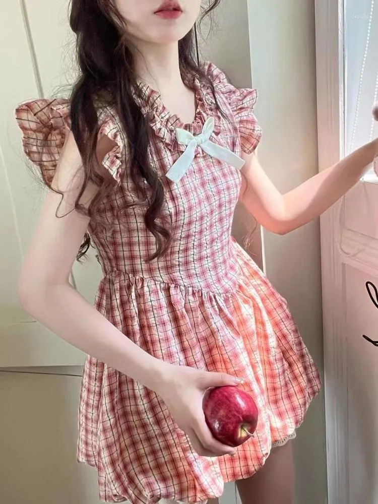 Casual Dresses Pink Plaid Sweet Party Mini Dress Women A-Line College Style Kawaii Elegant Female Bow Korean Summer 2023