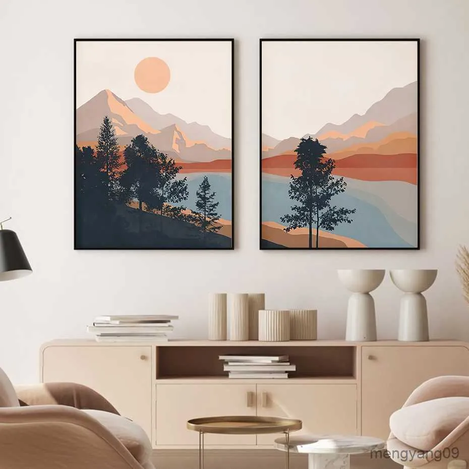 Outros decoração de casa Meio século abstrato montanha lago cena pôster pintura em tela impressão de arte imagem sala de estar decoração de interiores de casa R230630