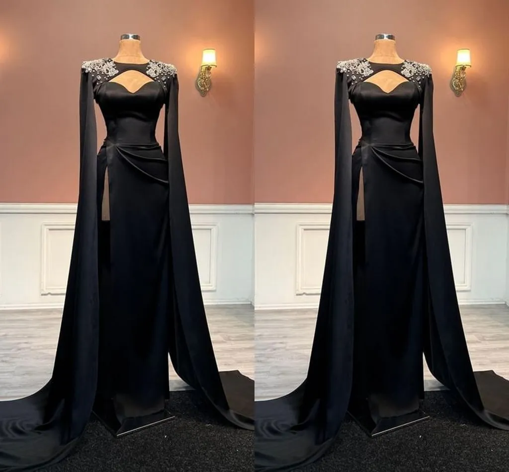 Dubai Arabic Black Plus Size Sheath Evening Dresses Sweetheart Beaded Satin Formal Wear Party Dress Pageant Engagement Celebrity Evening Gowns with Wraps Custom