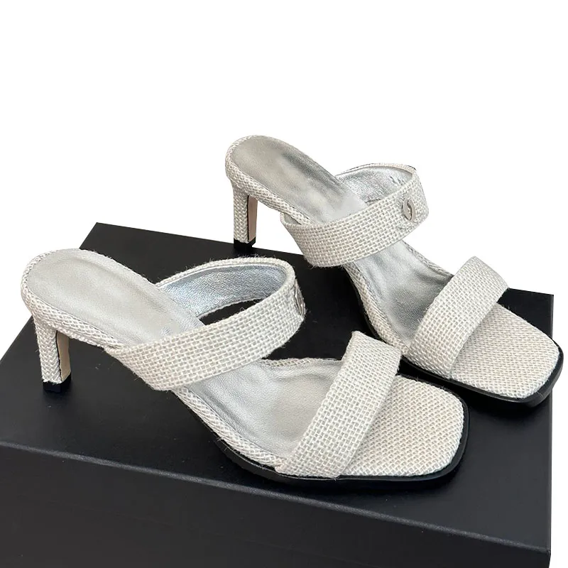 Kvinnor Slingbacks Sandaler Stiletto klackar klädskor Vintage Square Toe Tisters glid på bilder Straw Elegant For Party Wedding Shoe Classic Raffia Leisure Shoe