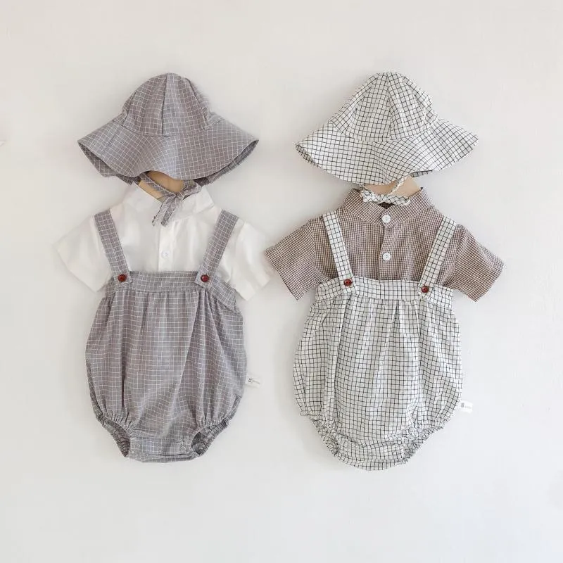 Комплекты одежды Летняя милая хлопковая рубашка для малышей, комбинезон с шапкой, комплект из 3 предметов в полоску, одежда для мальчика 3, 6, 9, 12, 18, 24 месяцев, OBS204018