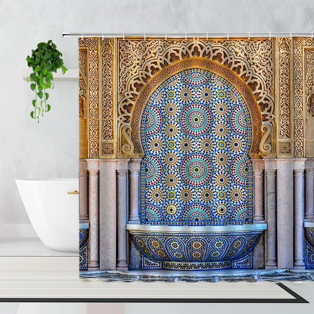 シャワーカーテン3Dモロッコのシャワーカーテン熟成ゲート幾何学パターン出入口デザインエントランスアーキテクチャオリエンタルスタイルのバスルームカーテン230629
