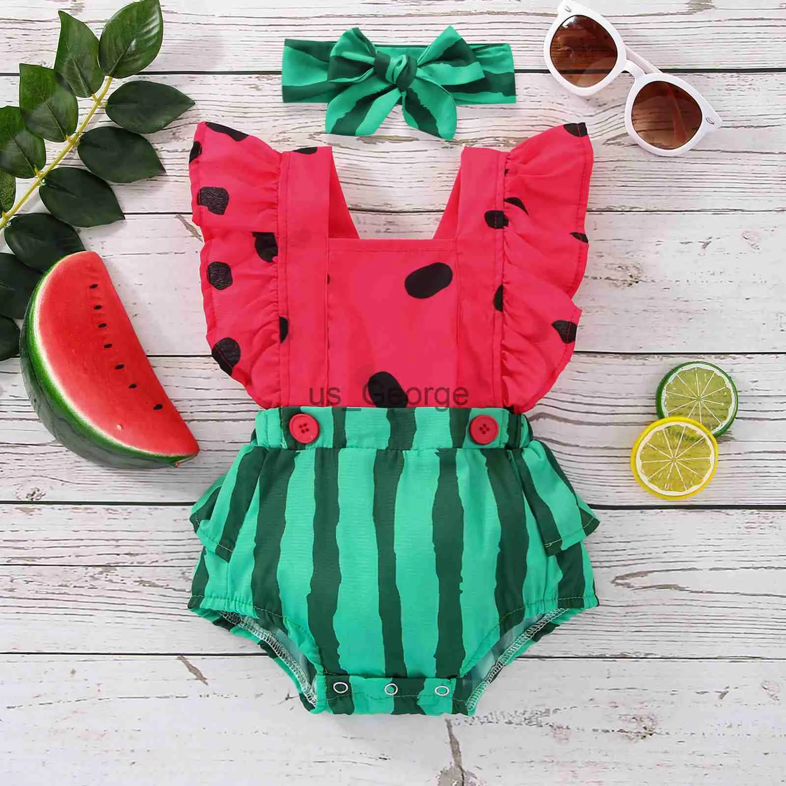 Set di abbigliamento Citgeett Summer Infant Neonato Neonate Ragazzi Tuta Abiti Stampa anguria Manica a mosca Tuta Fascia Abbigliamento J230630