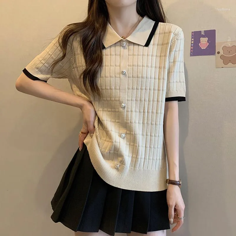 Women's Sweaters Summer Korean Thin Knit Sweater Tshirt Women Short Sleeve Polo Collar Knitwear Tops Workwear Fashion Ladies Pullover Jumpe