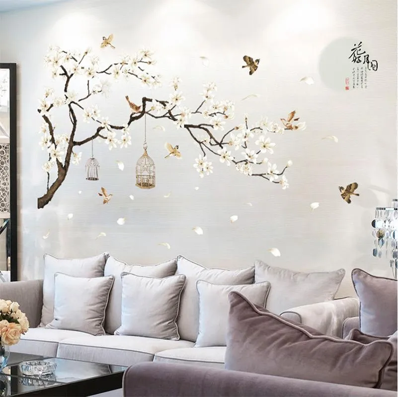 Rideaux 187*128 cm grande taille arbre Stickers muraux oiseaux fleur décor à la maison fonds d'écran pour salon chambre bricolage vinyle chambres décoration
