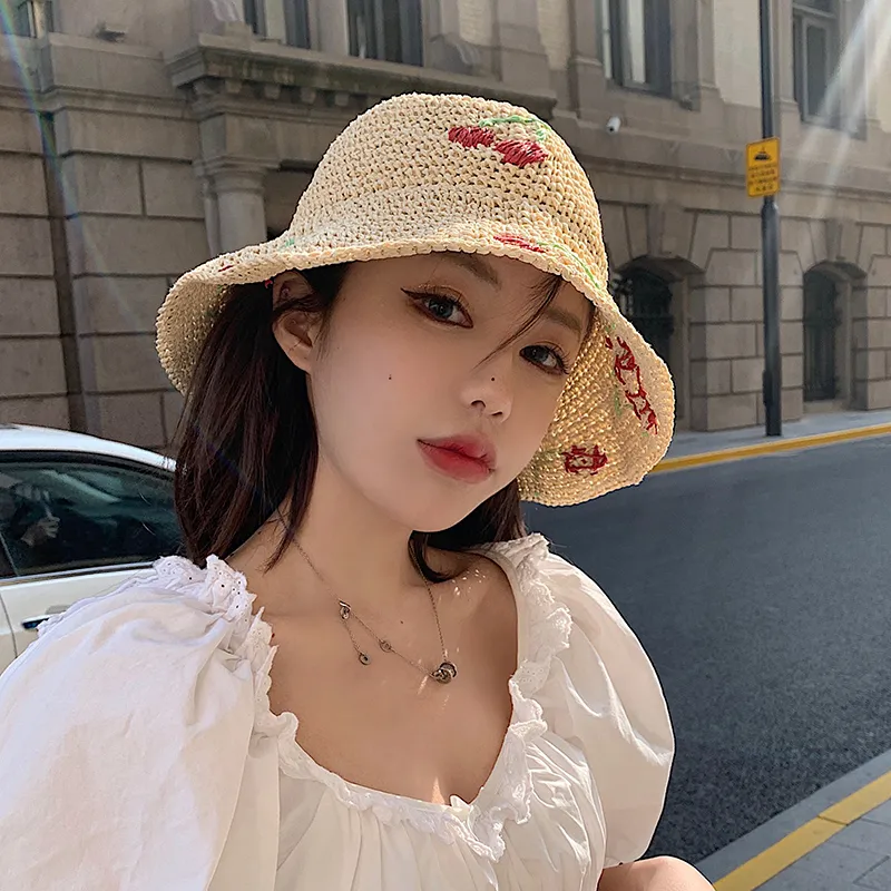 Summer Hat Cherry Sun Visor Hat Women's Beach Straw Hat UV Słomka Pleciona filtra przeciwsłoneczne Sun Fisherman Hat Net Red New Model