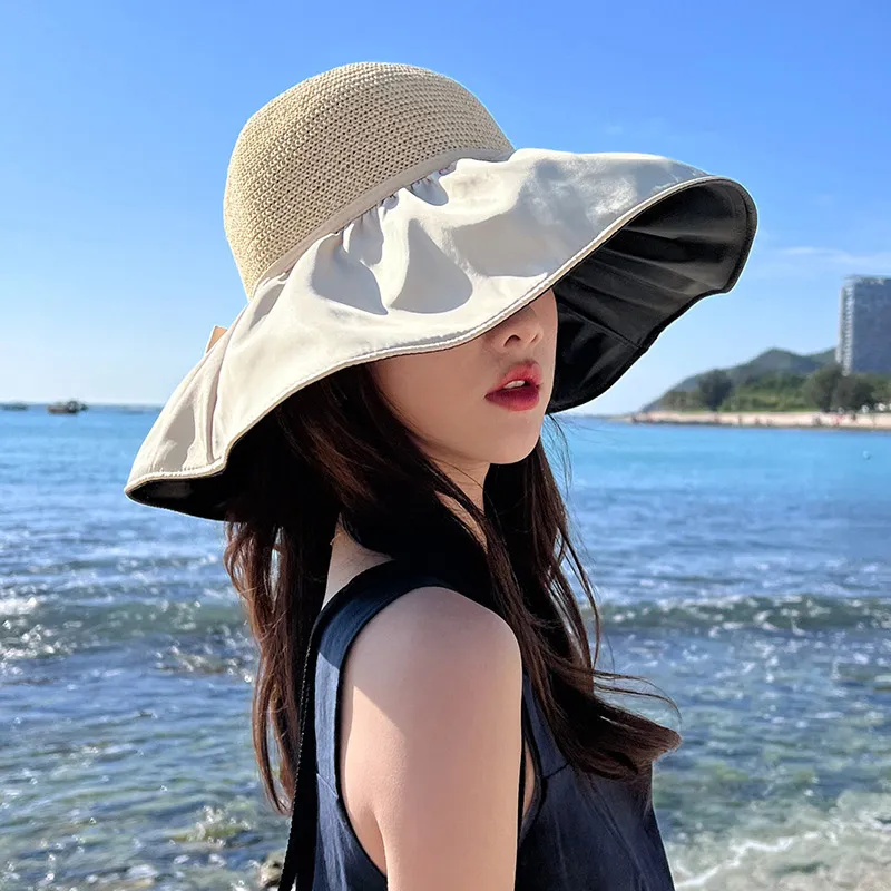 New Summer Anti-UV Women Bucket Hat Wide Brim Bow Sunscreen Cap Lady Outdoor Beach Tour Dome Fordable Fisherman Panama Visor Hat