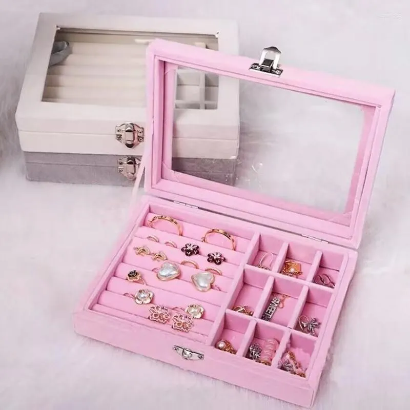 Jewelry Pouches Velvet Pink Carrying Case With Glass Cover Ring Display Box Tray Holder Storage Organizer Earrings Bracelet