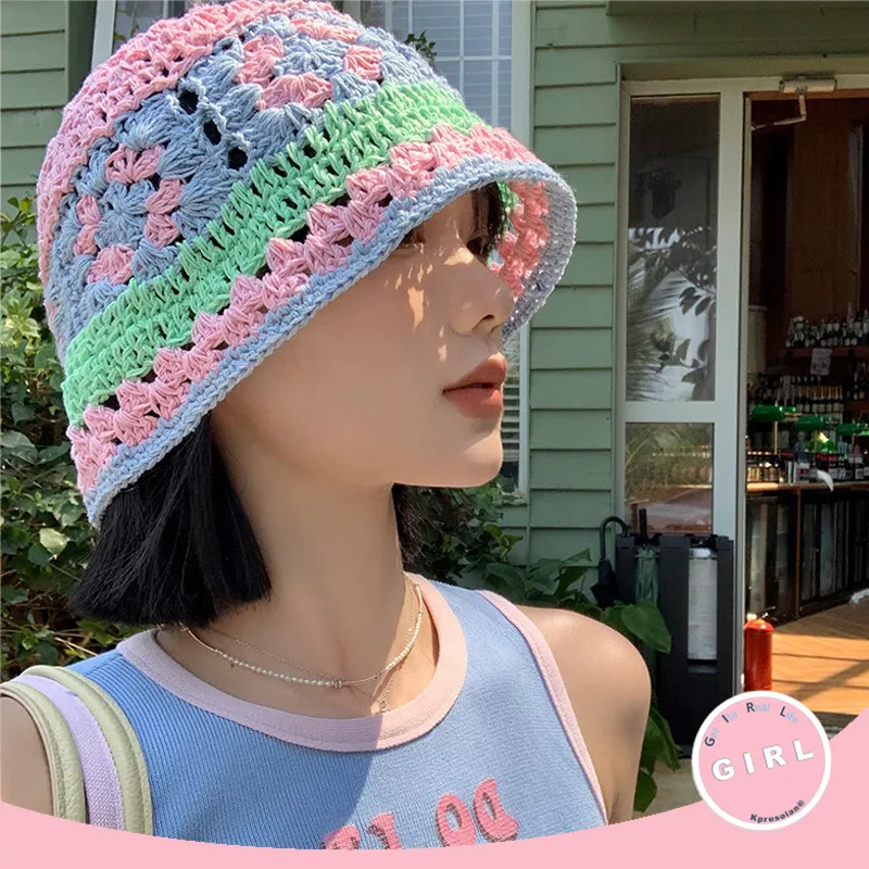 Cappelli estivi lavorati a maglia all'uncinetto Donna Fiori Kawaii Cappello estivo traspirante in maglia Cappello da pescatore pieghevole casual da ragazza T119